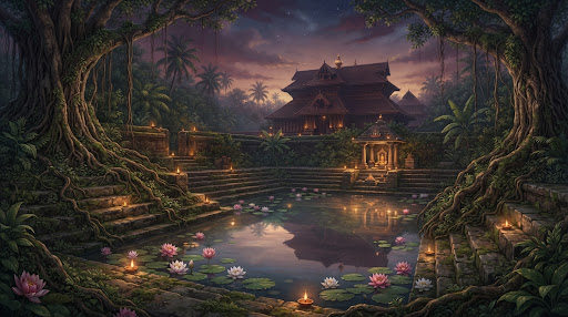 Sacred temple pond at twilight